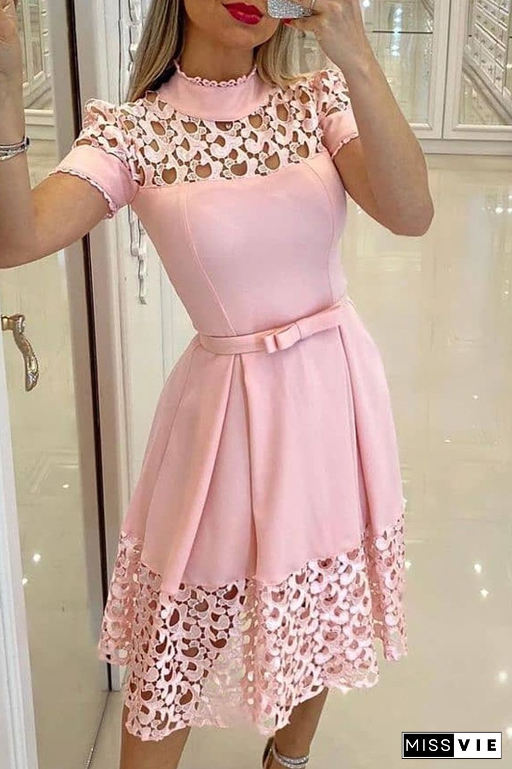 Cut-Out Patchwork Short Sleeve Dress