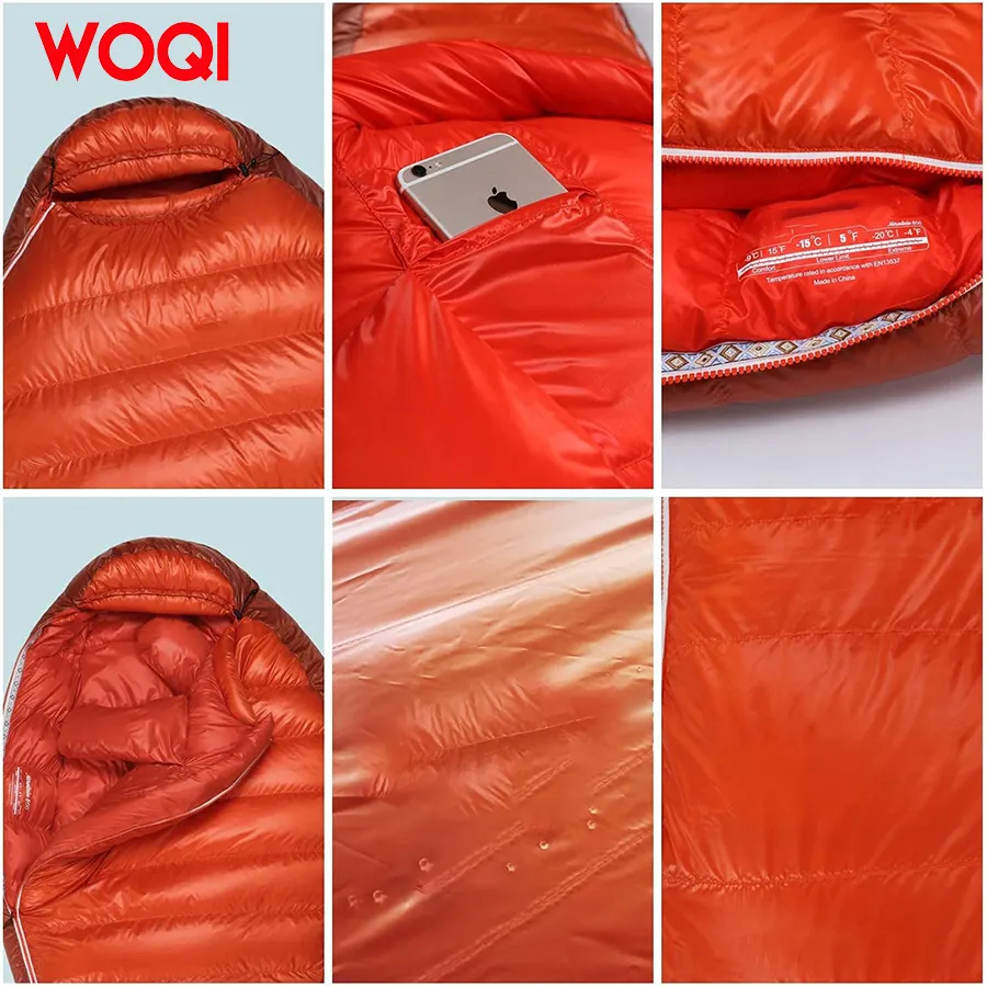 WOQI ultra light and compact portable hiking camping sleeping bag  filled with 800g high quality down sleeping bag