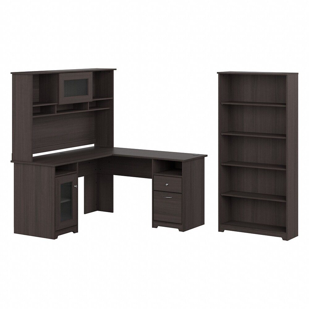 Cabot 60W L Desk with Hutch and 5 Shelf Bookcase by Bush Furniture