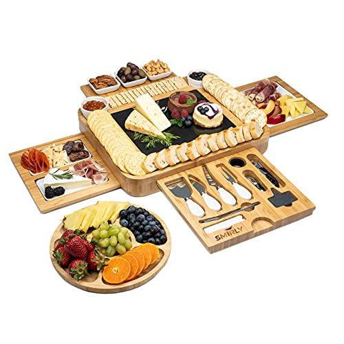 SMIRLY Cheese Board and Knife Set - Extra Large Charcuterie Board Set， Bamboo Cheese Board Set， Cheese Platter Board， Cheese Tray， Cheese Cutting Board Set， Serving Board Charcuterie Board Extra Large