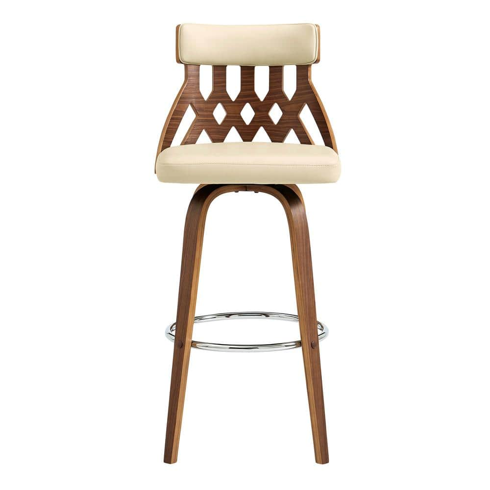 Armen Living Crux 30 in. Bar Height High Back Swivel Bar Stool in Cream Faux Leather and Walnut Wood LCCXBAWACR30