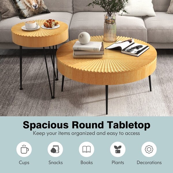 Round Coffee Table Set of 2， Modern Farmhouse End Tables with Natural Finish， Aesthetic Line Design， - as picture