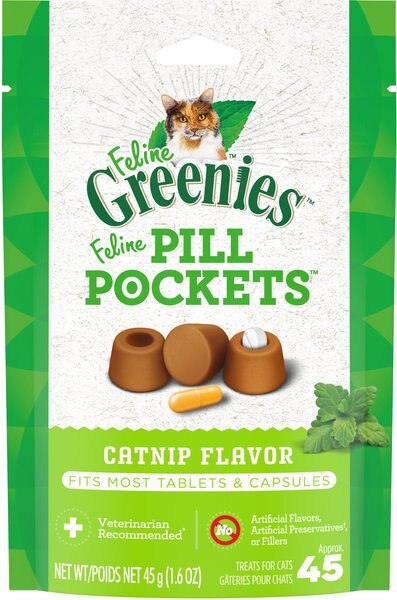 Greenies Pill Pockets Feline Catnip Flavor Natural Soft Adult Cat Treats， 1.6-oz pouch