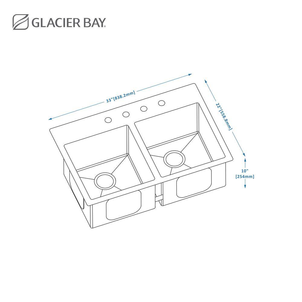 Glacier Bay Professional 33 in. Tight Radius 16 Gauge Drop-in 5050 Double Bowl Stainless Steel Kitchen Sink with Accessories 4167F