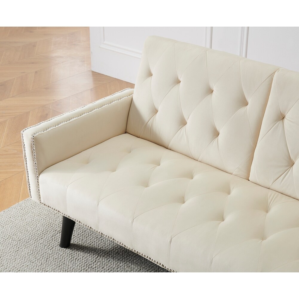 Modern Tufted Back Sofa Velvet Sleeper Sofa Bed Livingroom Adjustable Back Sofa Bed with Nail Head Trim   2 Cup Holders