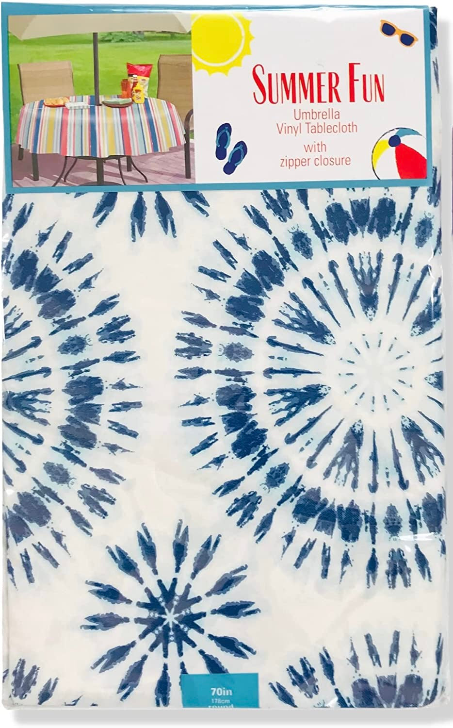 Elrene Summer Tie Dye Vinyl Tablecloths: Patio Table Umbrella Table Cover with Hole and Zipper, 52" x 70" Diameter Round (Blue, White)