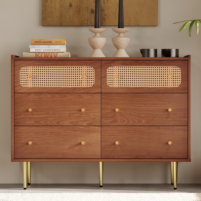 Rattan 6 Drawers Dresser for Bedroom  4 Legs Lockers