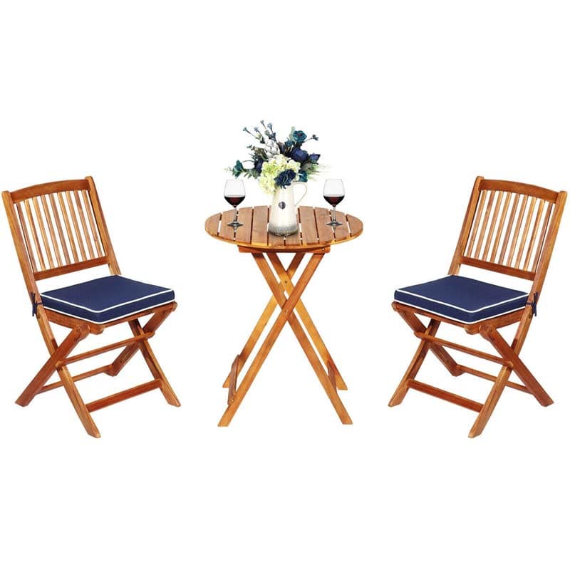 3 Pcs Acacia Wood Patio Folding Bistro Set Outdoor Chair Table Set with Padded Cushion & Round Coffee Table