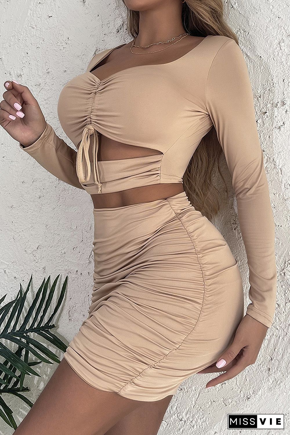 Square Neck Long Sleeve Drawstring Pleated Bodycon Dress Wholesale