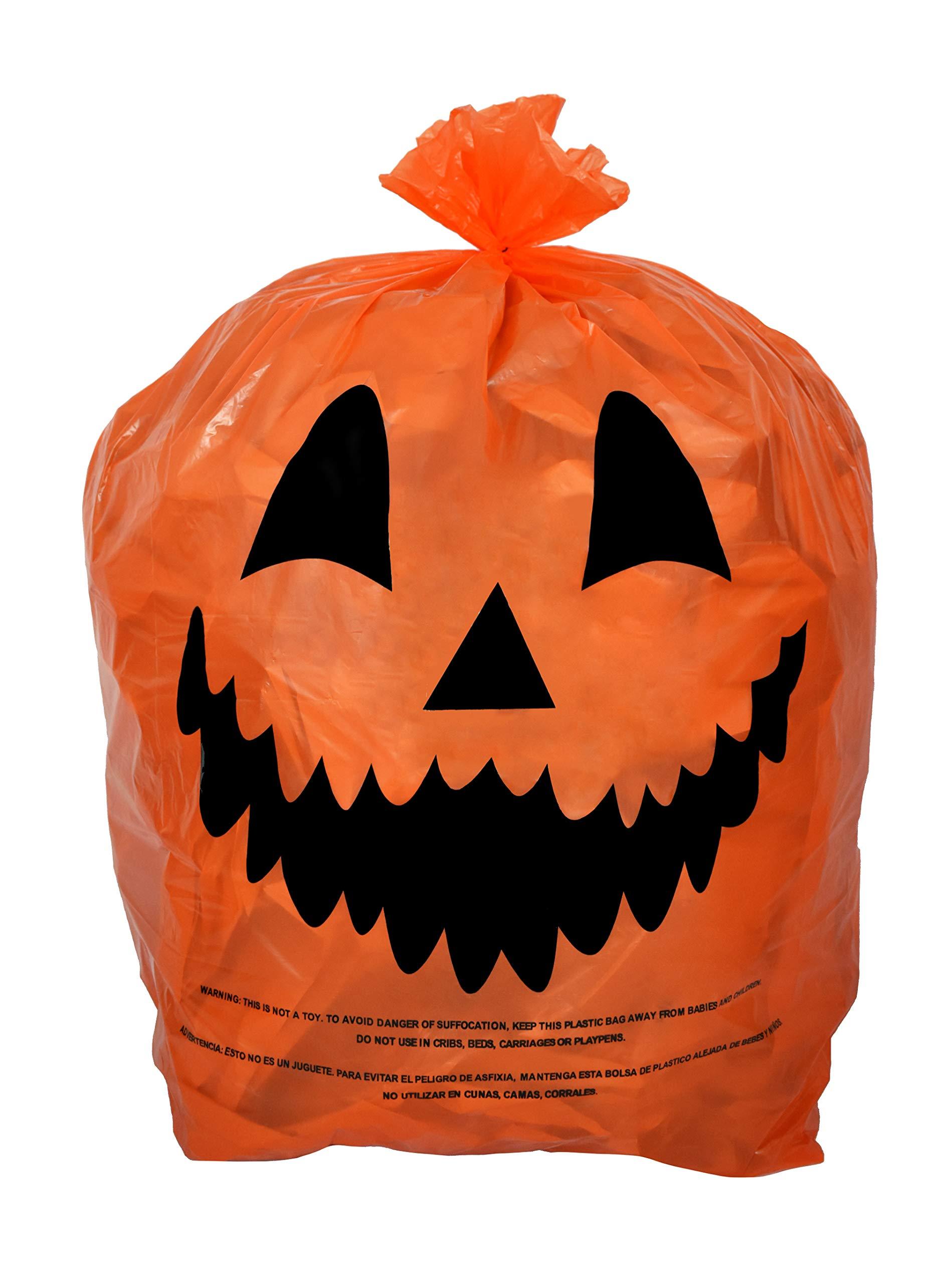 KINREX Halloween Pumpkin Plastic Lawn and Leaf Bags Decoration - Outdoor Fall Trash Bag Decor - Orange Jack O Lantern - Pack of 3 with Twist Ties