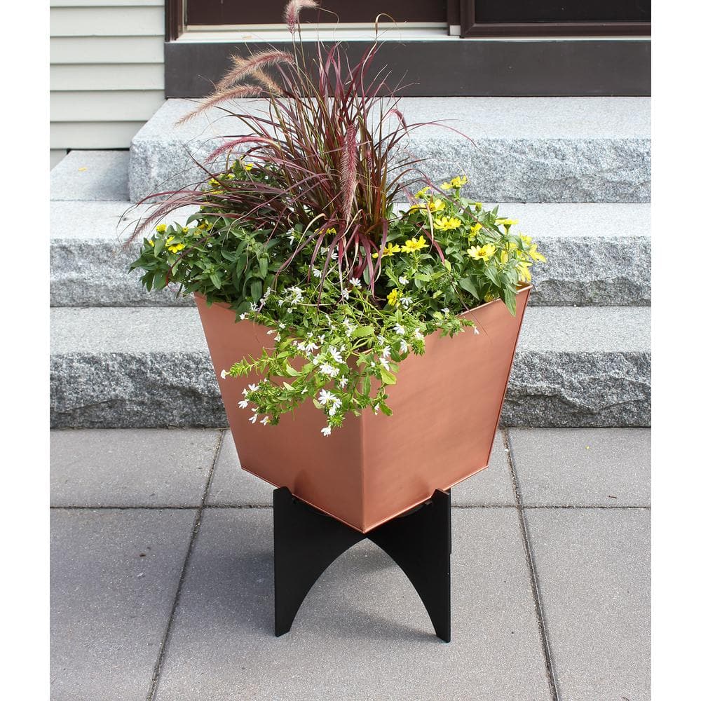 ACHLA DESIGNS 16.25 in. x 16.25 in. Square Copper Plated Galvanized Steel Flower Box with Black Wrought Iron Plant Stand FBC-55-12C