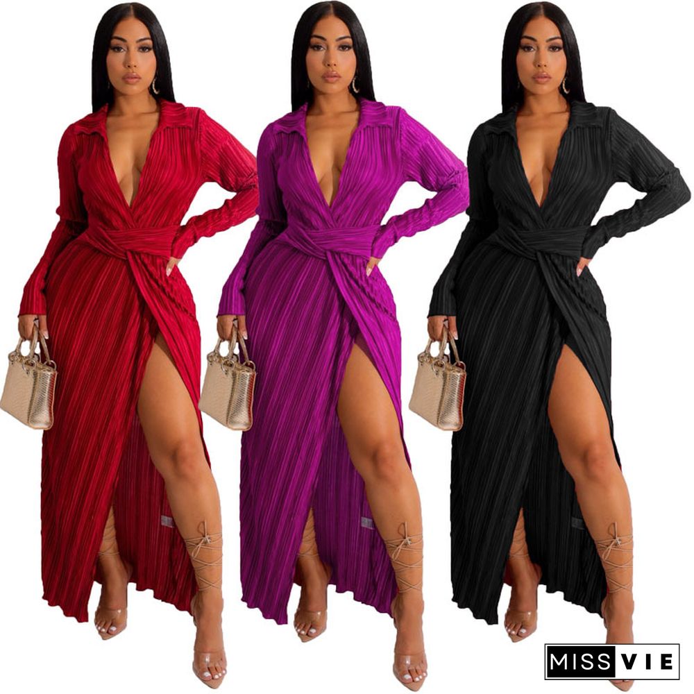 Sexy Slit New V-neck Long-sleeved Pleated Dress