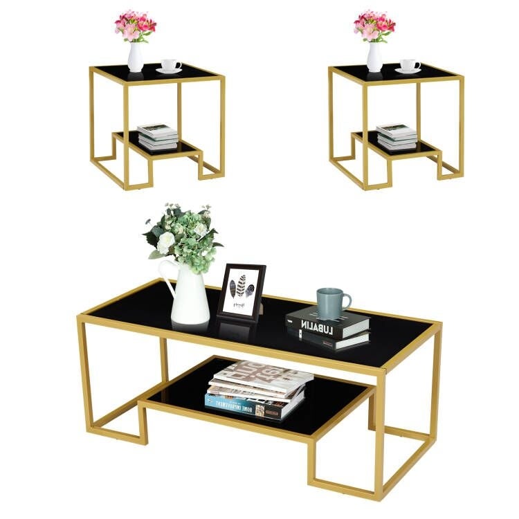 Glass Coffee Table and End Table Set， Modern Tempered Glass Center Table with Open Storage Shelf Rectangle Tea Table