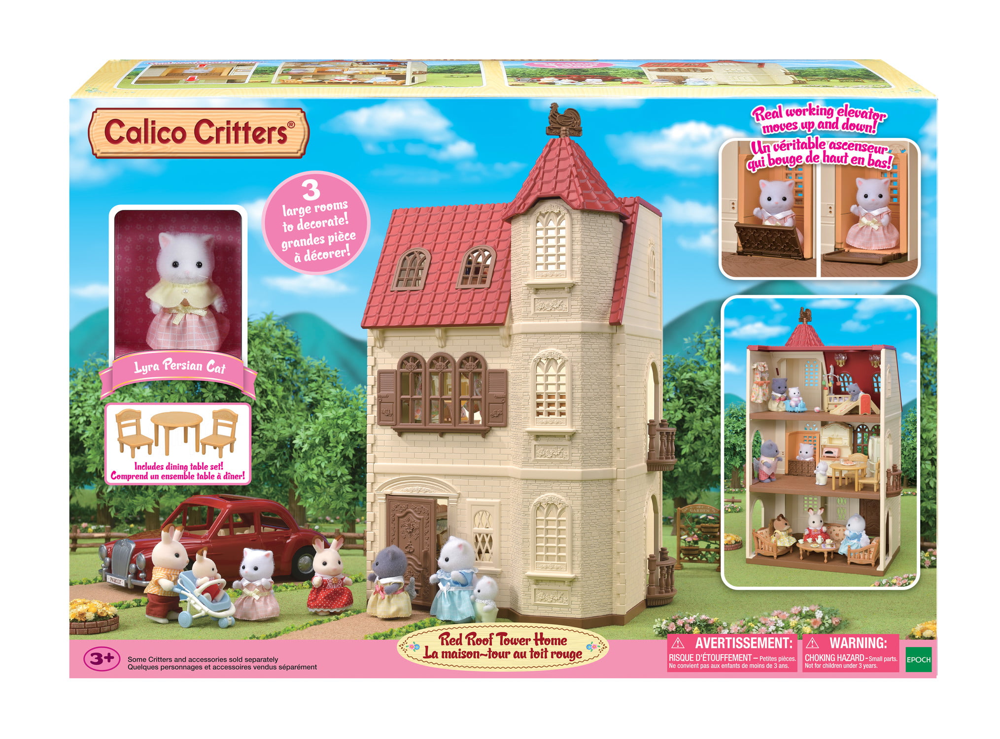 Calico Critters Red Roof Tower Home， 3 Story Dollhouse Playset with Figure， Furniture and Accessories