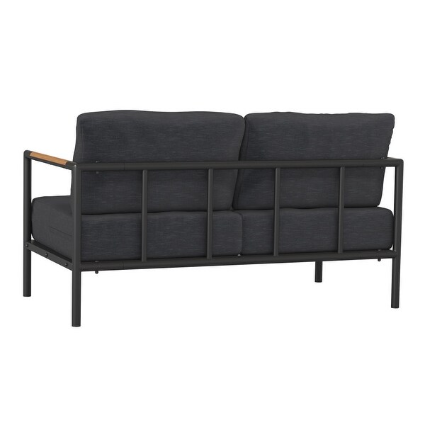 Metal Frame Loveseat with Teak Arm Accents and Plush Cushions