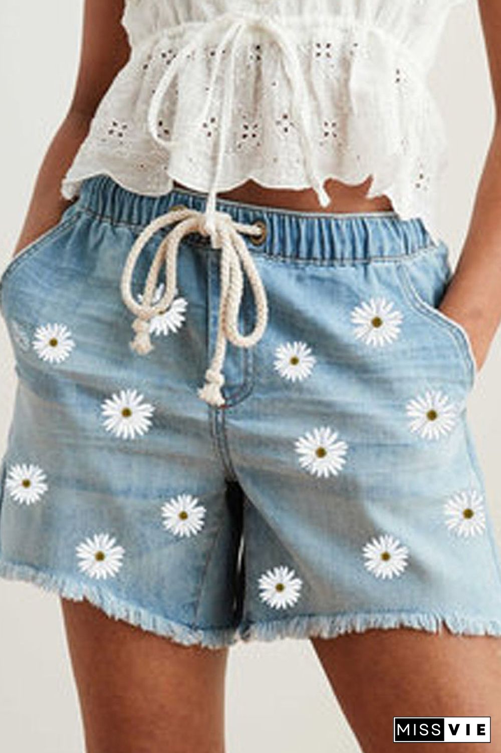 Denim Floral Printed Drawstring Waist Shorts