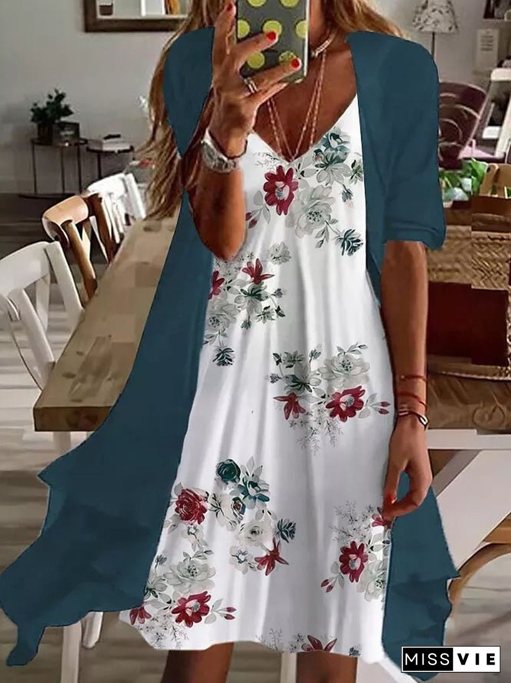 Women'S Dresses Floral Print V-Neck Chiffon Two-Piece Dress