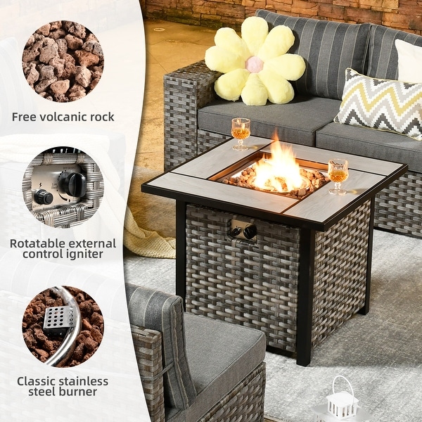 OVIOS Patio Wicker Furniture Wide Arm 7piece Fire Pit Set with Table