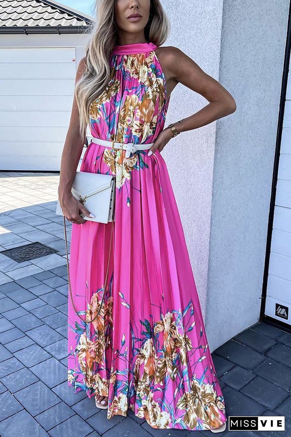 Life In Floral Pleated Halter Neck Maxi Dress