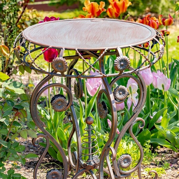 25.2 Inch Tall Round Iron Table with Flower Accents