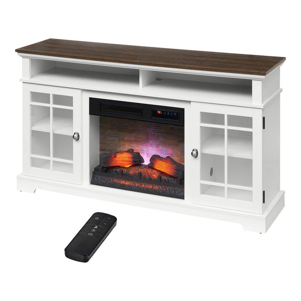 StyleWell Canteridge 60 in. Freestanding Media Console Electric Fireplace TV Stand in White with Brown Top 150717