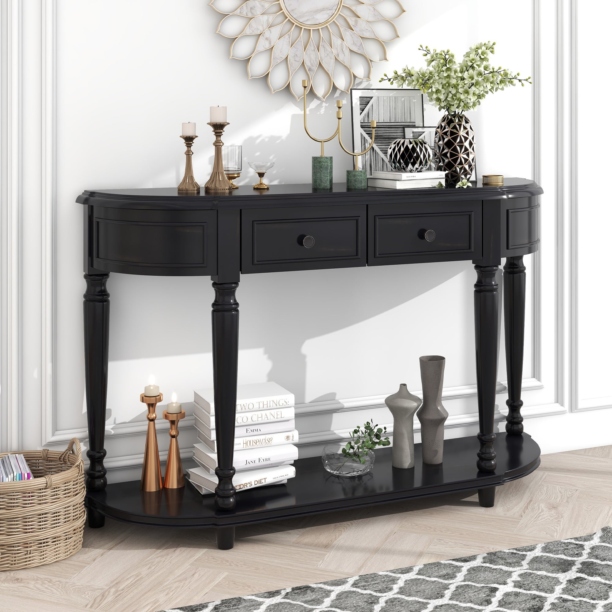 Retro Romanesque Style Curved Design Solid Wood Console Table， Entryway Table with 2 Top Drawers and Open Shelf for Living Room