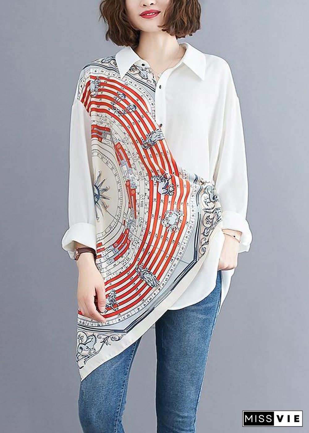 Women white prints blended box top asymmetric baggy summer blouses