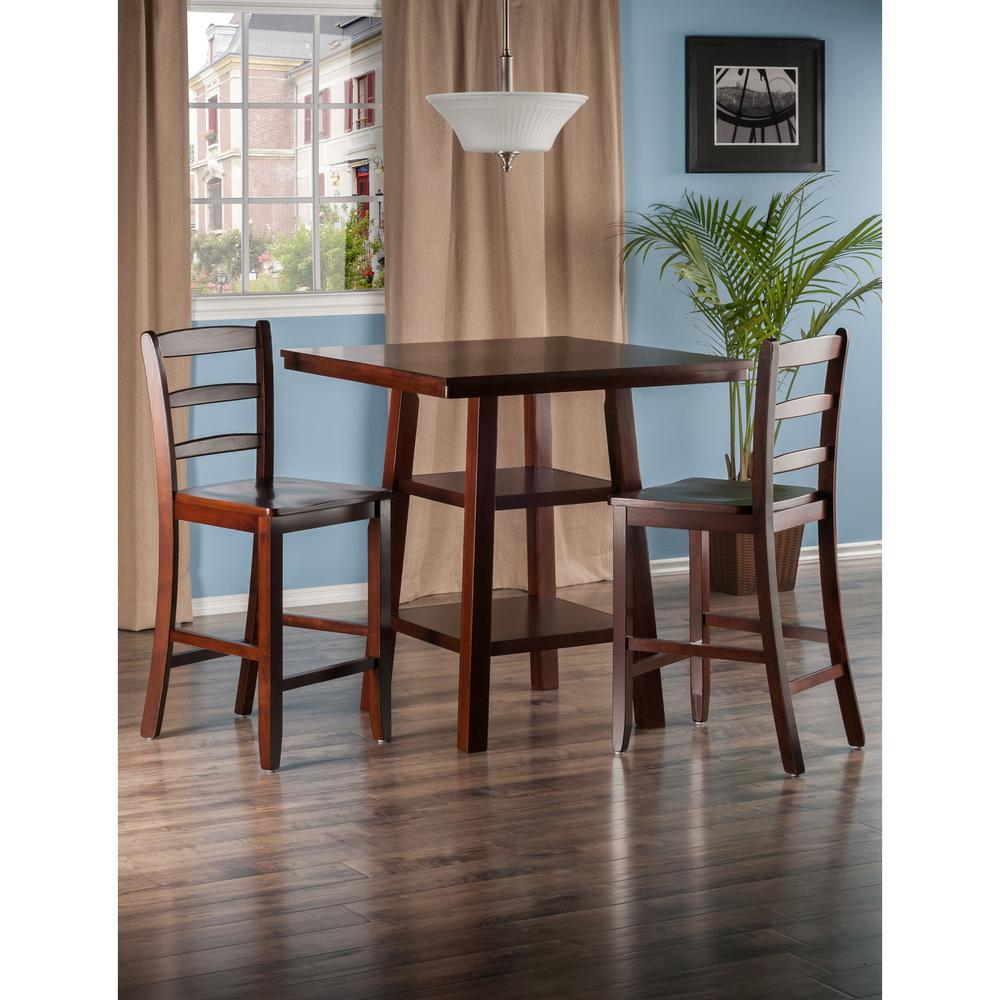 Winsome Wood Orlando 3-Pc Set， High Table with 2 Shelves and 2 Ladder Back Stools， Walnut Finish