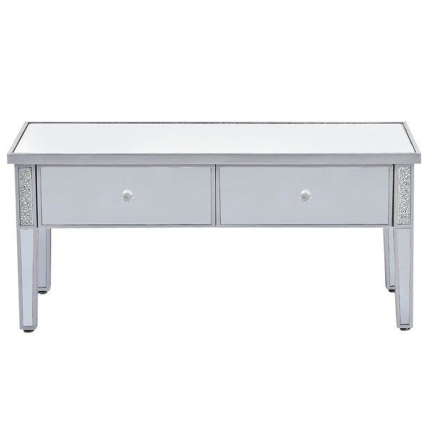 Modern Glass Mirrored Coffee Table with 2 Drawers， Cocktail Table with Crystal Handles and Adjustable Height Legs