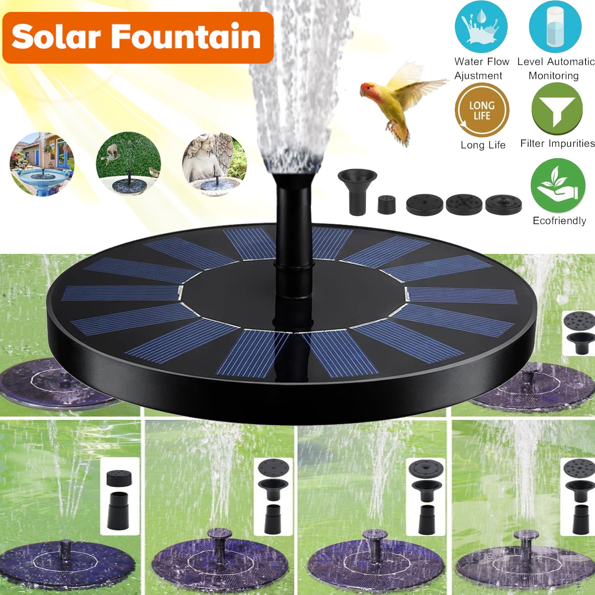 Duomishu Solar Fountain 5 Nozzle Solar Powered Pump 7V 1W Outdoor Solar Panel Kit Floating Water Pump