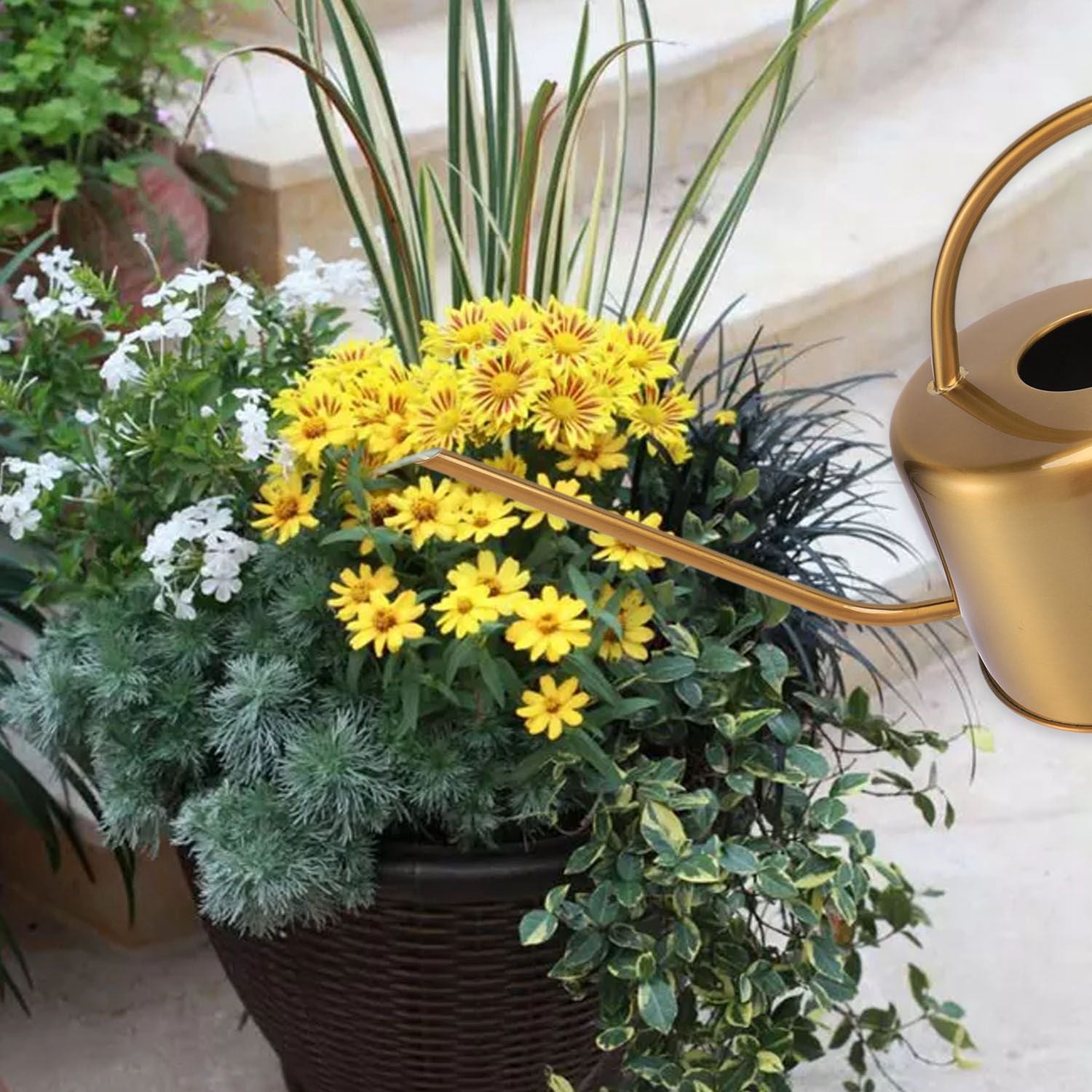 Watering Can Golden Garden Stainless Steel 1300Ml Small Water Bottle Easy To Use Handle Perfect For Watering Plants Flower