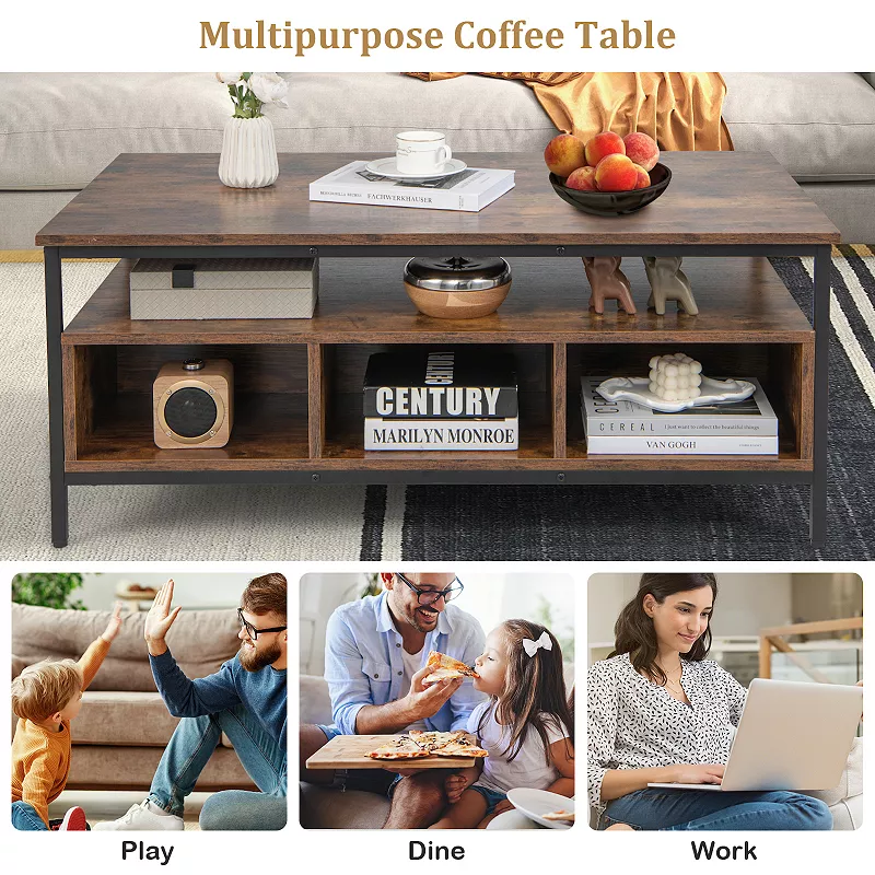 3-Tier Industrial Style Coffee Table with Storage and Heavy-duty Metal Frame-Coffee