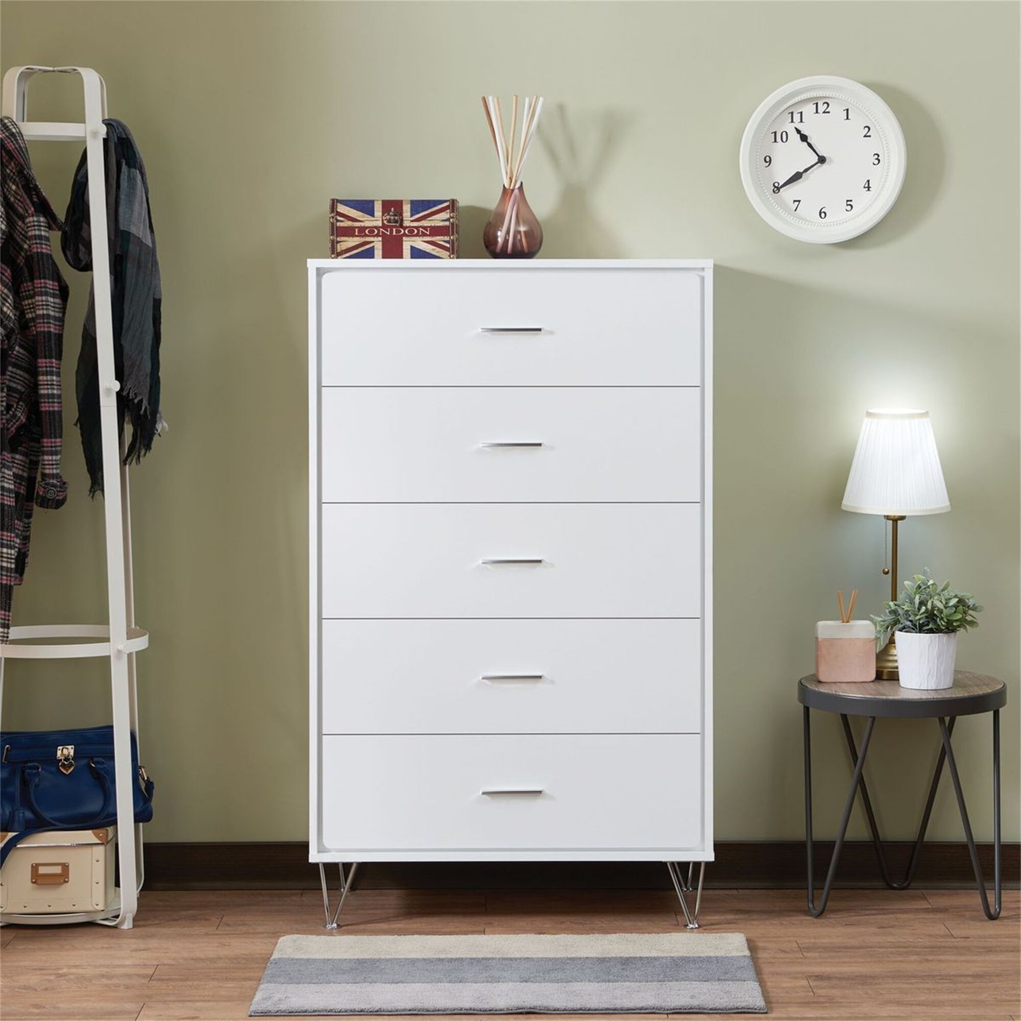 Wood Chest， Dresser Storage Cabinet with 5 Drawers， Metal Legs， White - - 35613526