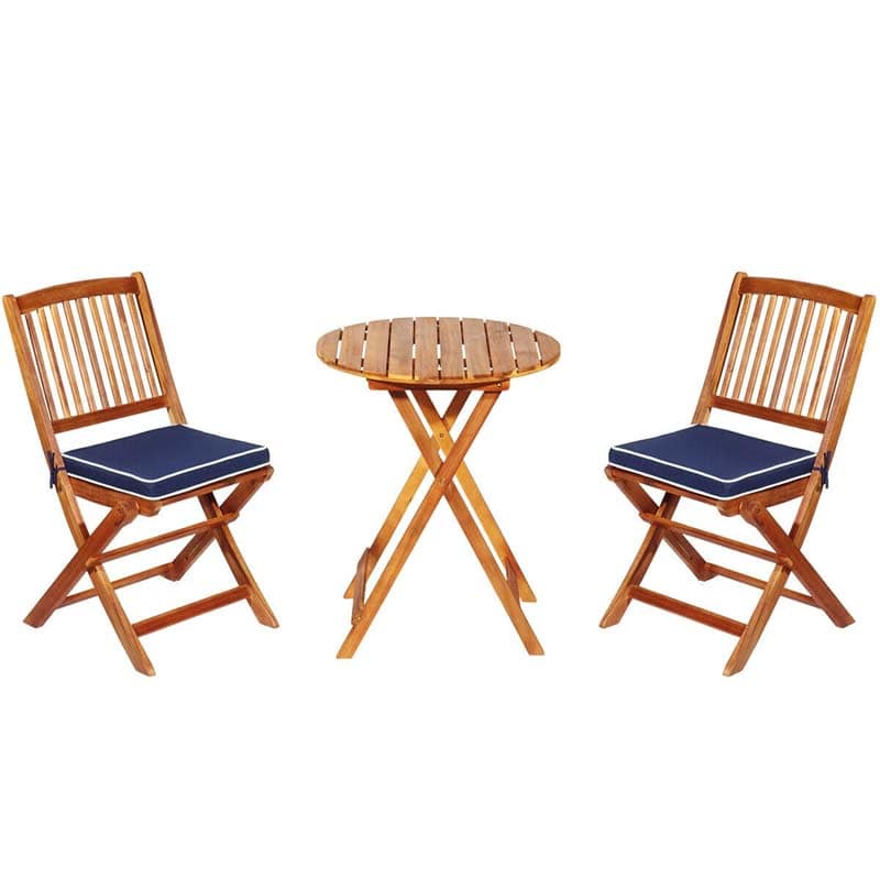 3 Pcs Acacia Wood Patio Folding Bistro Set Outdoor Chair Table Set with Padded Cushion & Round Coffee Table