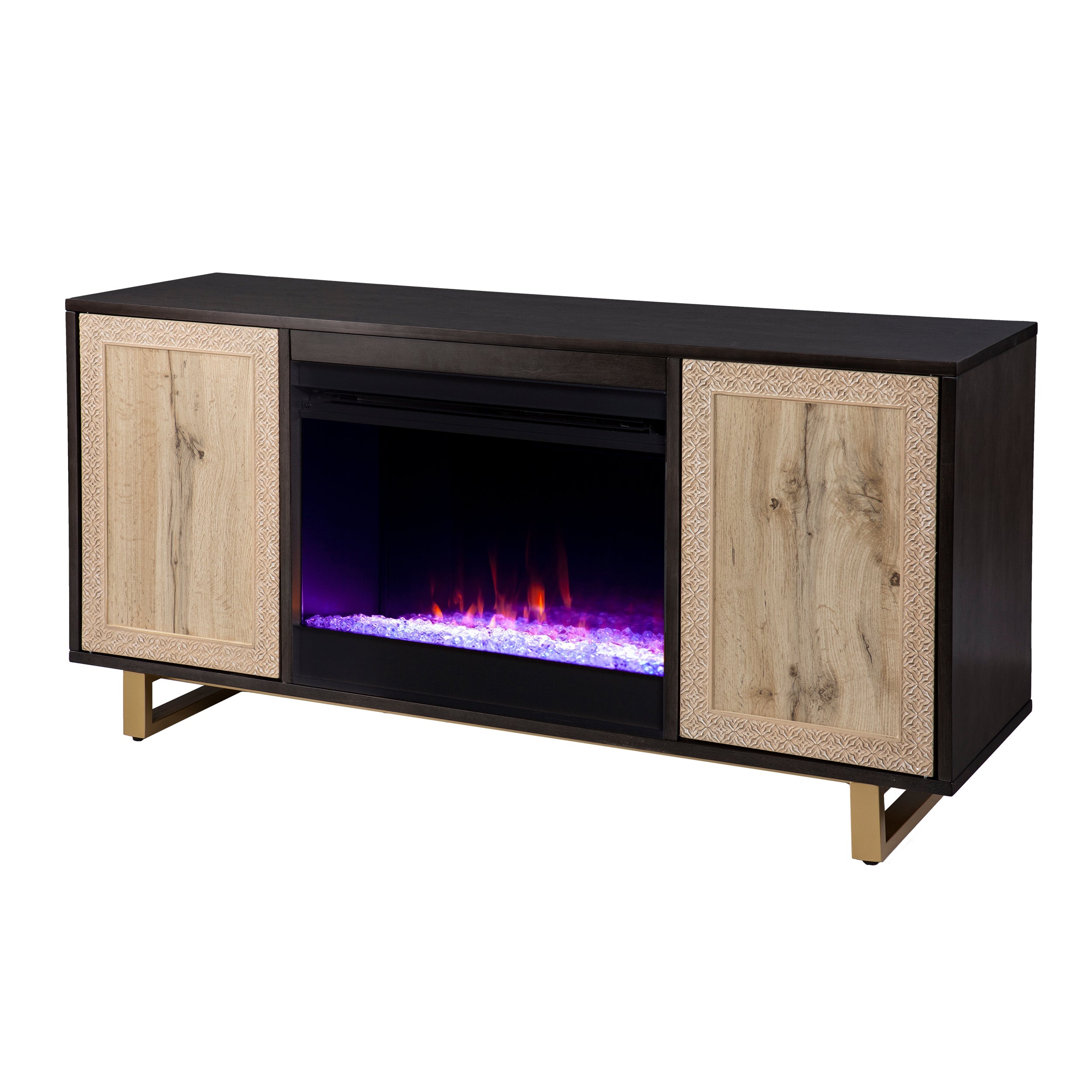 SEI Furniture Wilcola Freestanding Transitional Color Changing Electric Fireplace W/ Media Storage in Dark Brown, Natural, and Gold Finish