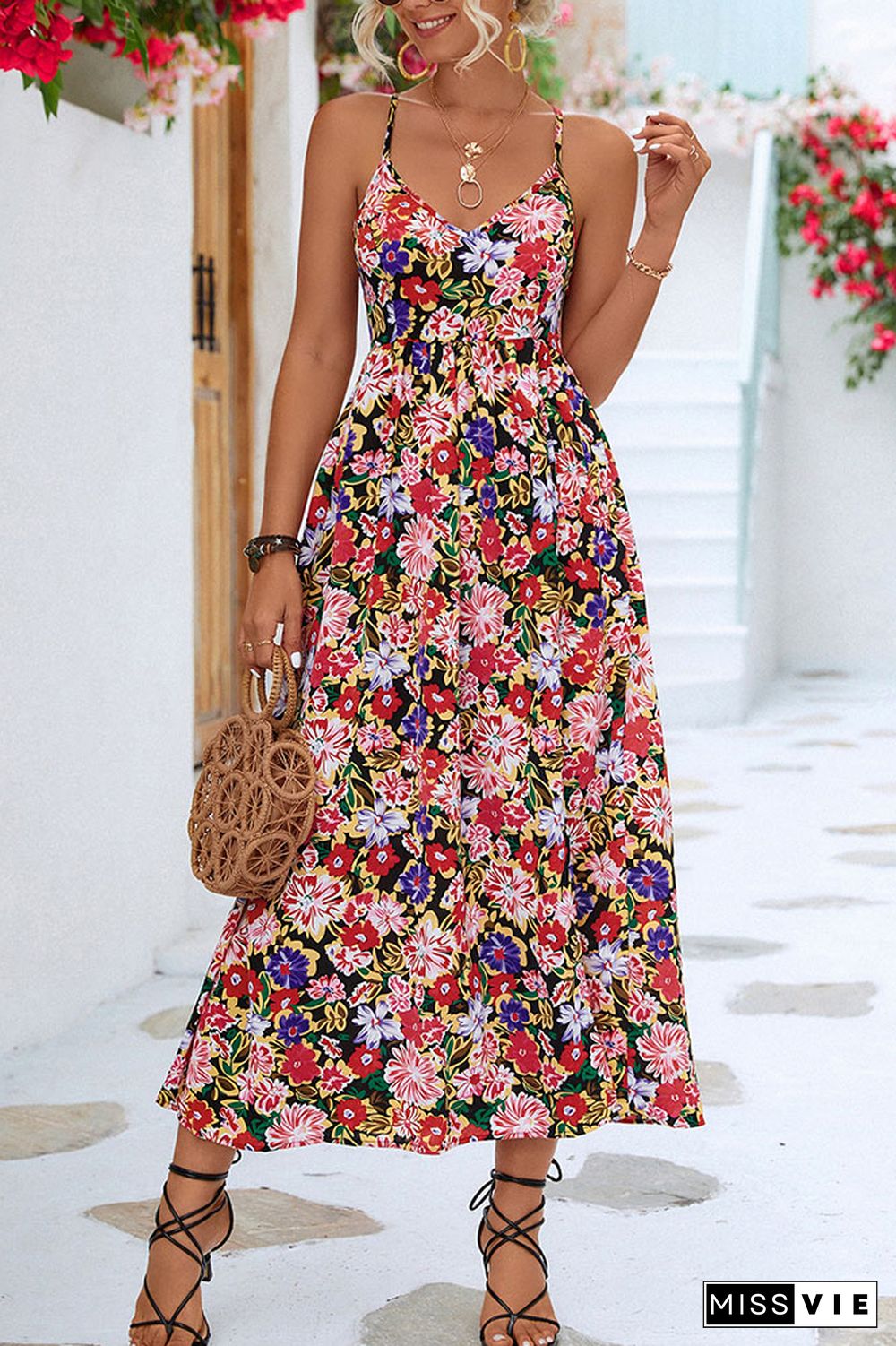 Backless Split Spaghetti Floral Dress