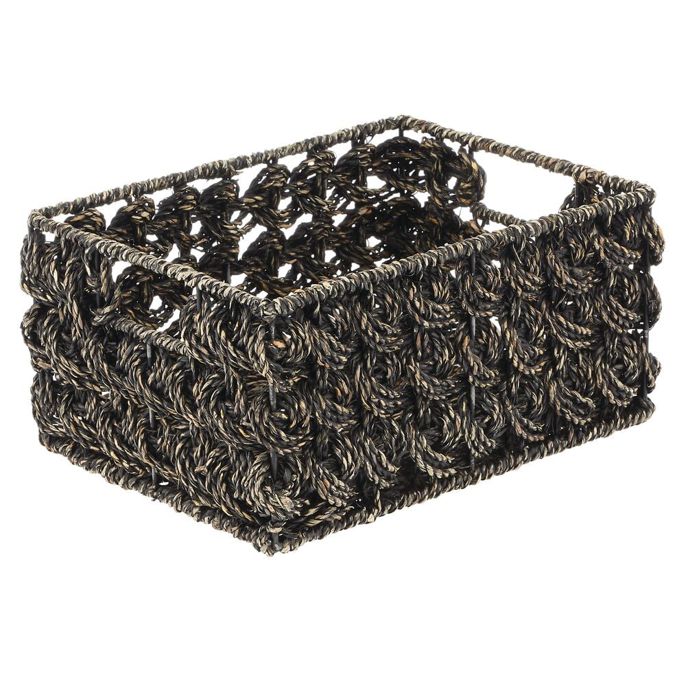 mDesign Woven Seagrass Kitchen Cabinet Pantry Storage Organizer Basket Bin with Handles - Store Fruit, Snacks, Cereal, Oil and Vinegar, Baking Supplies, Pastas, Packets, 3 Pack - Black Wash