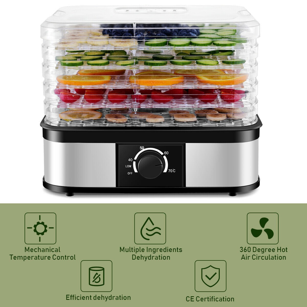 Food Dehydrator, Electric 5-Tire Fruit Vegetable Dryer