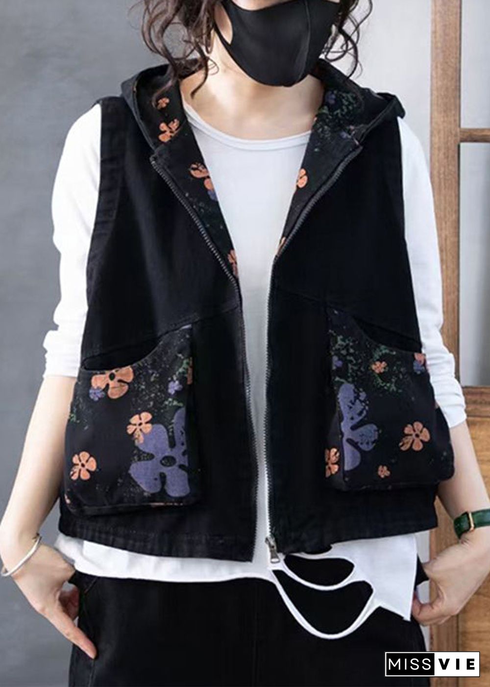 Women Green Zippered Print Hooded Denim Waistcoat Sleeveless