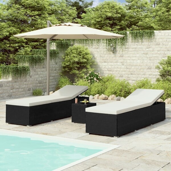 3 Piece Patio Sun Loungers with Tea Table Poly Rattan Black