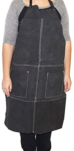 Knightguard Black Genuine Leather Bib Style Shop Apron with 2 Pockets - AL001A-BLK