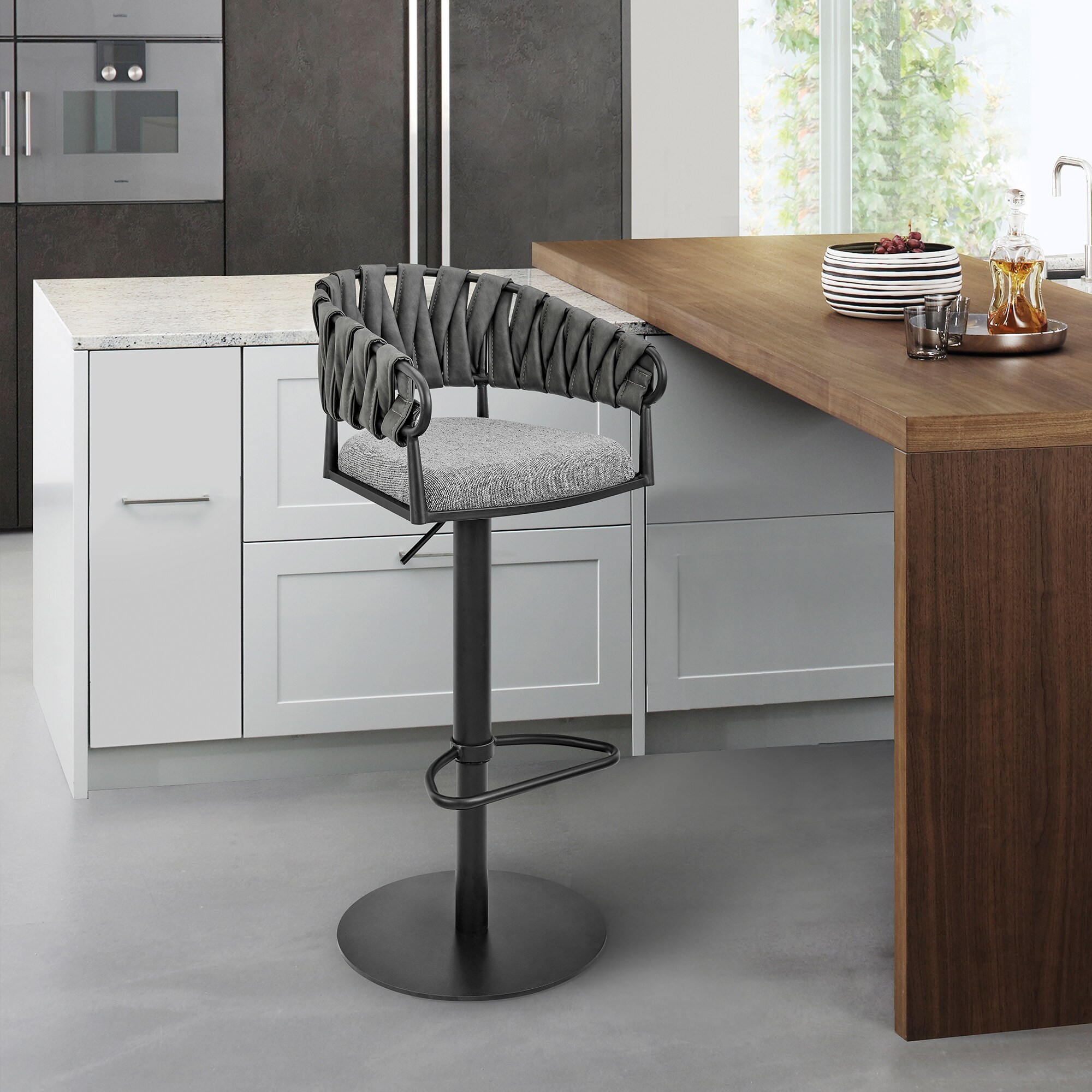 Silabe Adjustable Bar Stool in Black Metal with Grey Fabric and Faux Leather