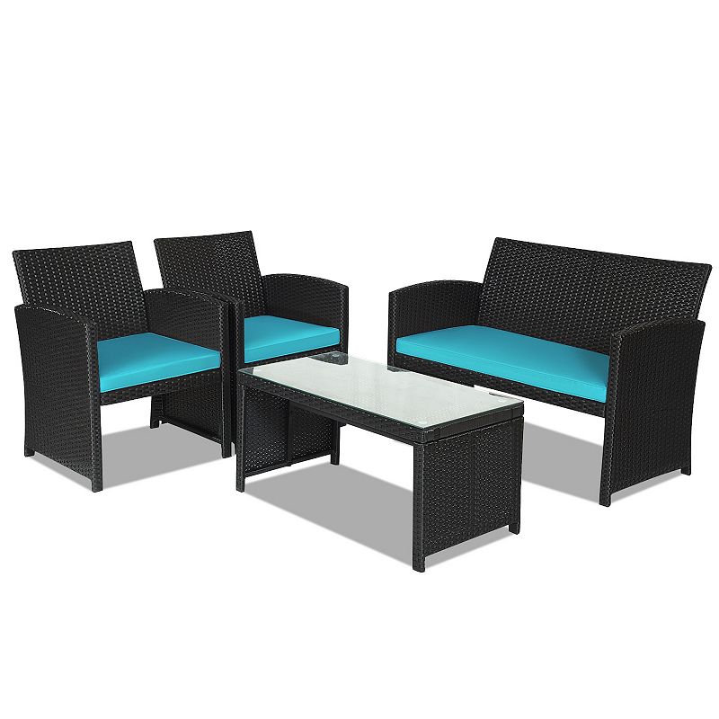 4 Pieces Rattan Patio Furniture Set with Weather Resistant Cushions and Tempered Glass Tabletop