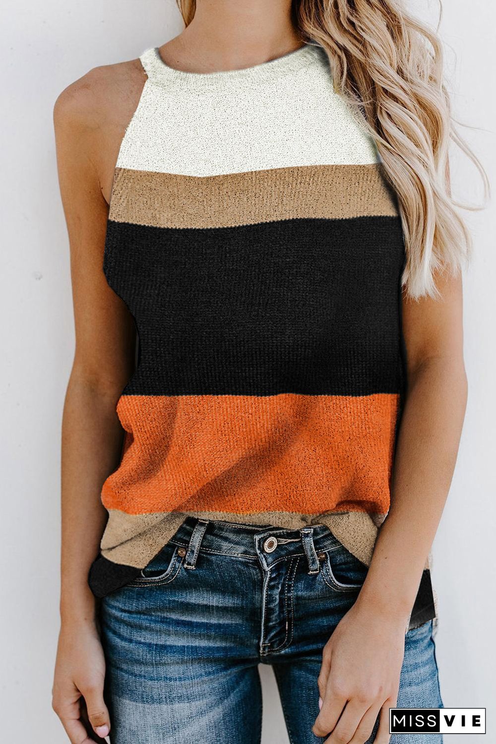 Orange Color Block Knitted Tank Top