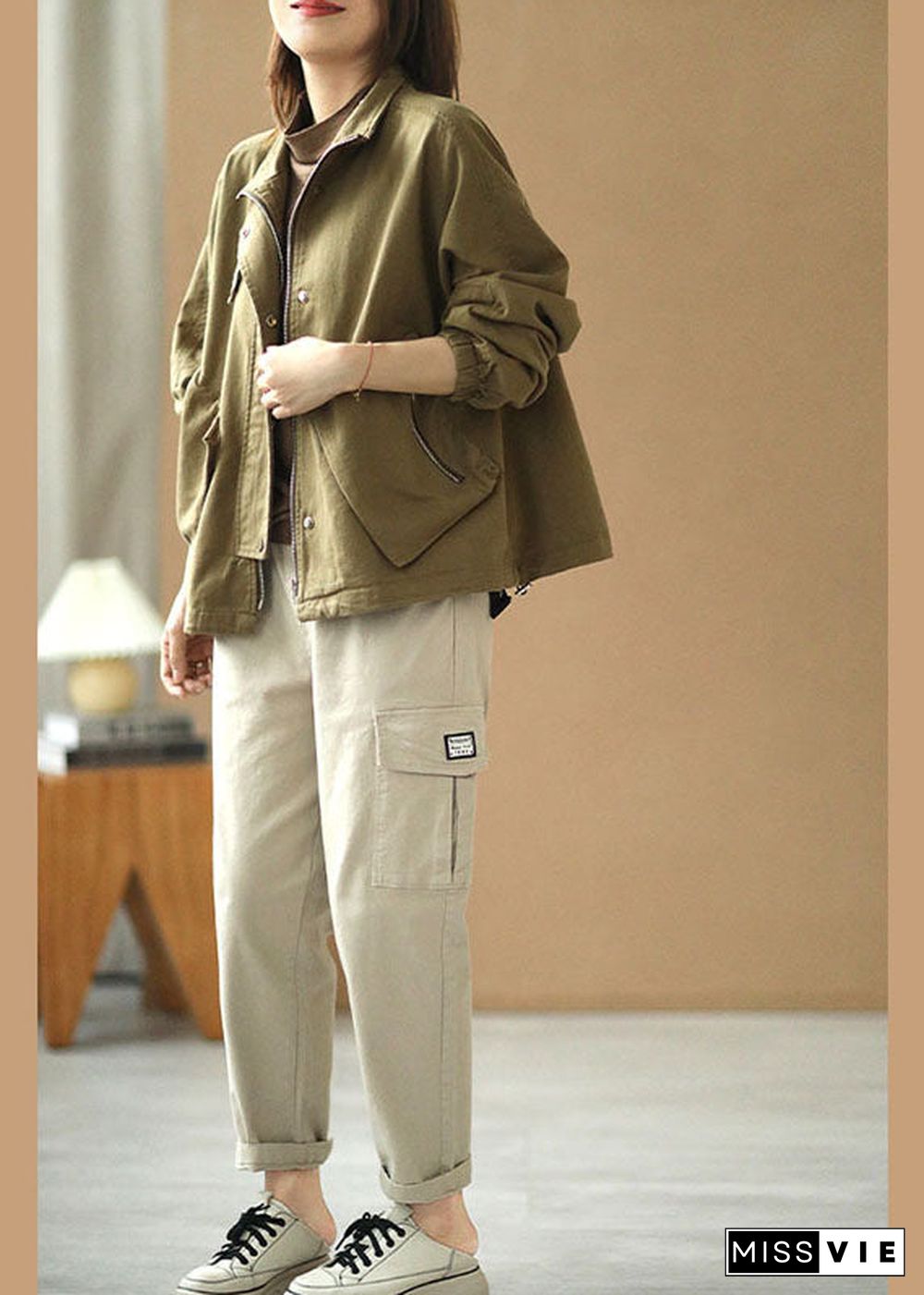 Simple Khaki Stand Collar Zippered Pockets Button Fall Jacket Long Sleeve