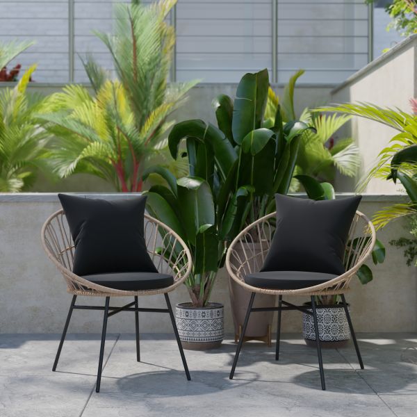 Devon Set of 2 Indoor/Outdoor Modern Papasan Patio Chairs， Rope with Tan Finish PE Wicker Rattan and Black Cushions