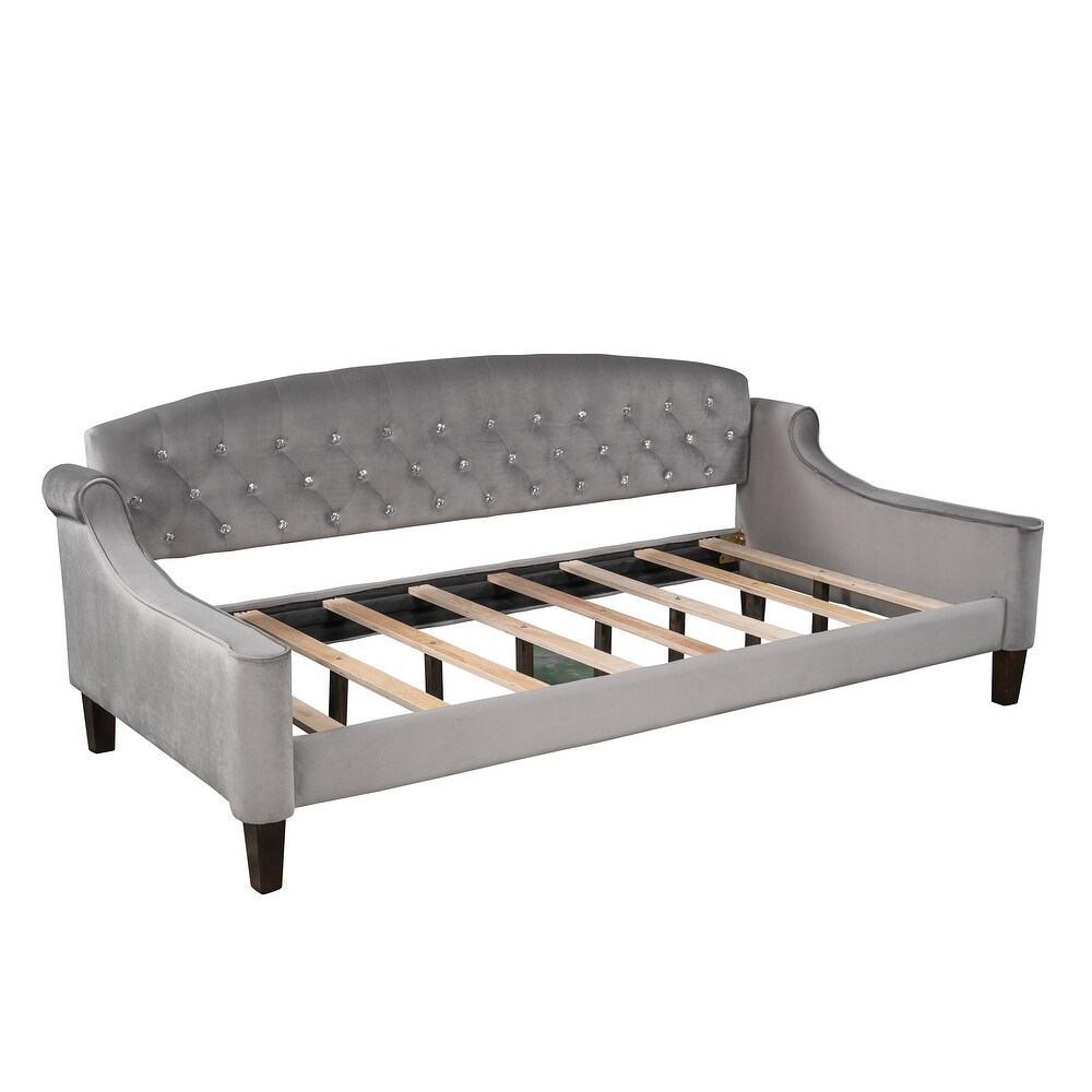 Modern Luxury Twin Size Tufted Button Daybed Wooden Platform Bed Frame  Comfy Upholstered Sofa w/ Solid Wood Slats Support