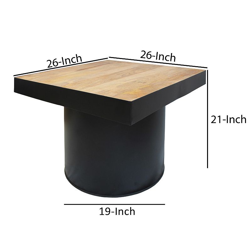 21 Inch Wooden Side Table with Block Metal Base， Brown and Black