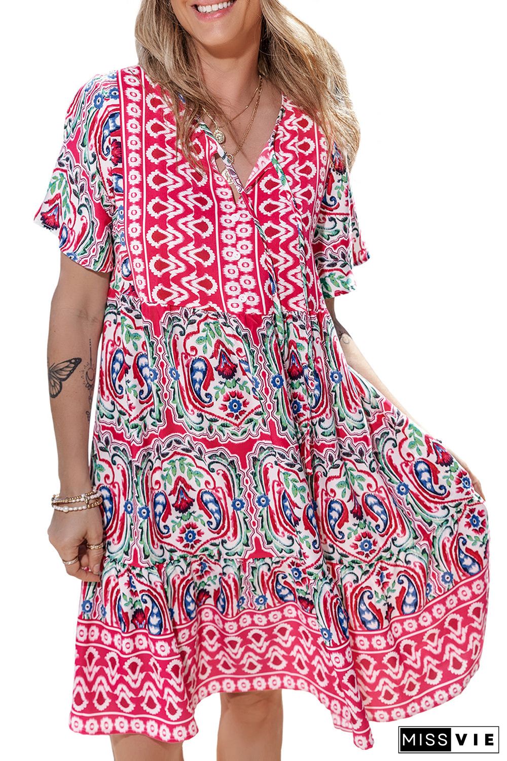 Bohemian Print Tie Neck Ruffle Hem Short Dress