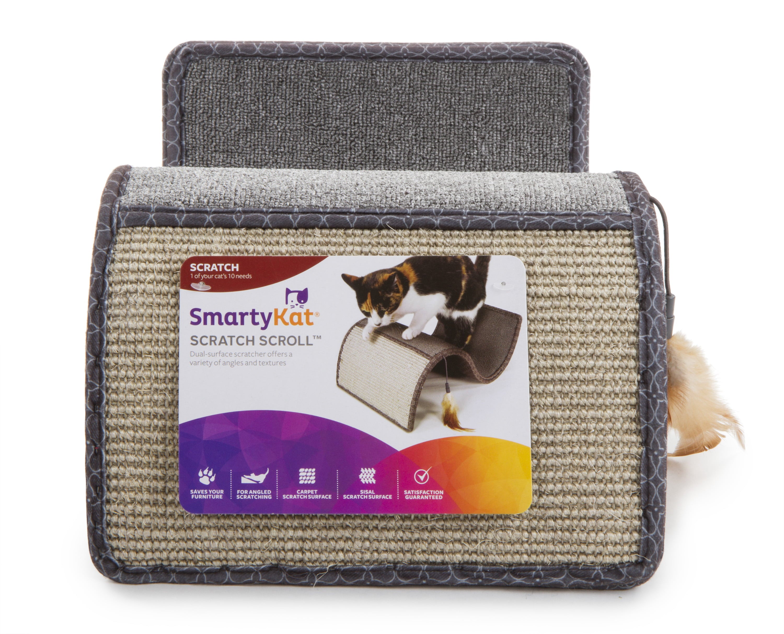 SmartyKat Scratch Scroll with Feather Toy， Multi-Surface Sisal and Carpet Cat Scratcher， Interactive Scratching Outlet and Lounger